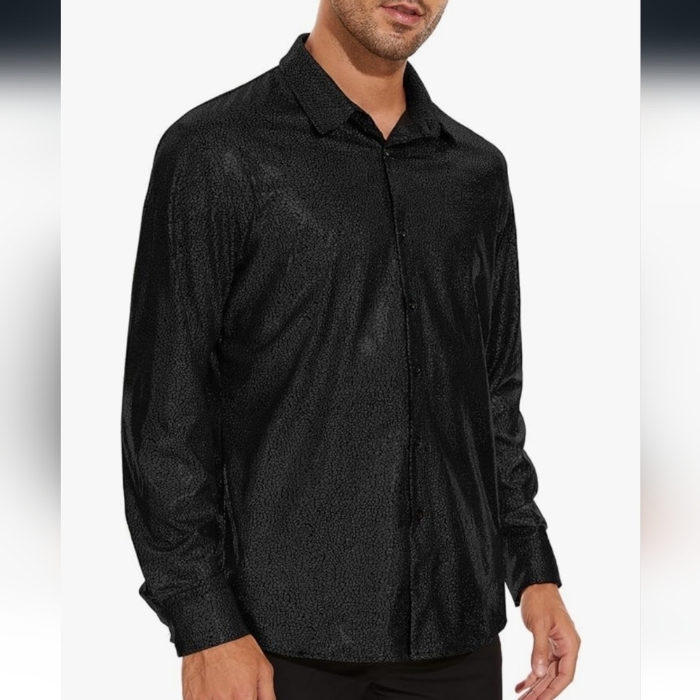 Men's Black Shiny Metallic Dress Shirt - Picture 2 of 16